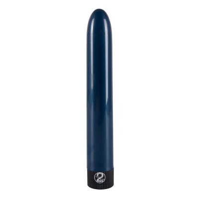 Vibrador azul escuro com base preta texturada e símbolo branco