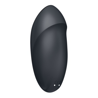 Dispositivo eletrónico oval preto com superfície lisa e dois pequenos orifícios