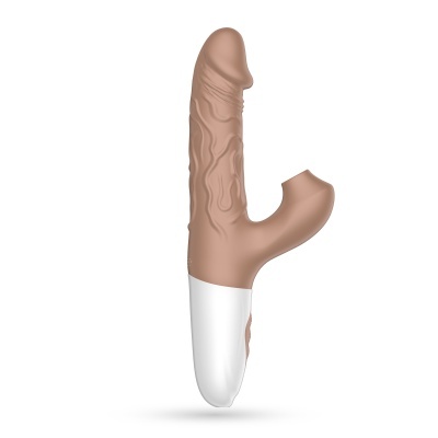 Vibrador castanho claro com base branca e estimulador adicional