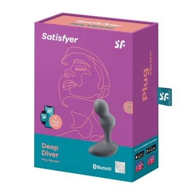 Embalagem roxa e azul com vibrador cinza curvado e texto Satisfyer Deep Diver Plug Vibrator