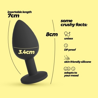 Plug cónico preto de silicone com medidas e texto descritivo ao lado