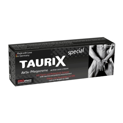 Embalagem preta de creme ativo TAURIX special com imagem de torso masculino e texto em branco e vermelho.