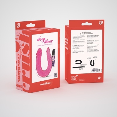 Embalagem vermelha de lubrificante anal com duplo dildo rosa e texto Deep Diner