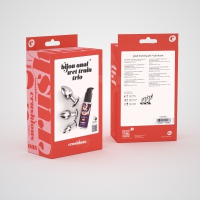 Conjunto de treino anal com três plugs metálicos e lubrificante na embalagem vermelha e branca