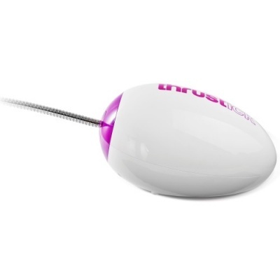 Batedor elétrico portátil branco com detalhes roxos e cabo metálico flexível