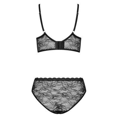 Conjunto de lingerie de renda preta com padrão floral, alças ajustáveis e fecho atrás.