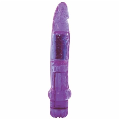 Vibrador roxo translúcido com textura anatômica e controle rotativo na base