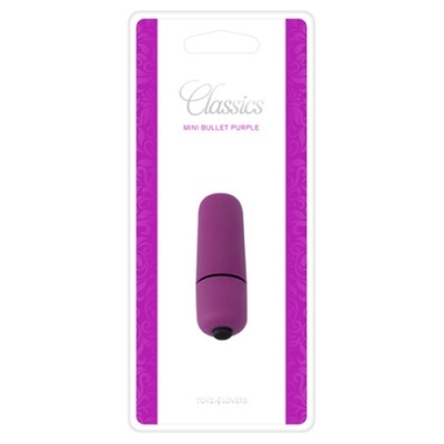 Minis bullet roxo em embalagem branca com bordas roxas