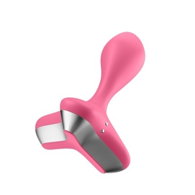 Produto cor-de-rosa com detalhes metálicos e forma ergonómica