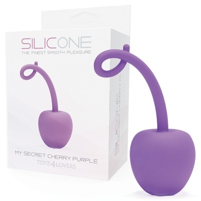 Brinquedo em forma de cereja roxa de silicone com embalagem branca e texto