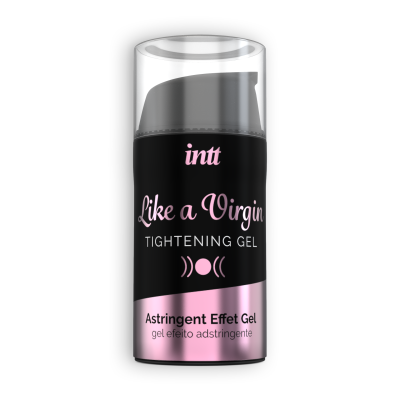 Frasco de gel preto e rosa com texto 'Like a Virgin' e informações do produto