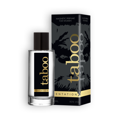 Frasco e embalagem de perfume Taboo Tentation para mulheres com design preto e dourado