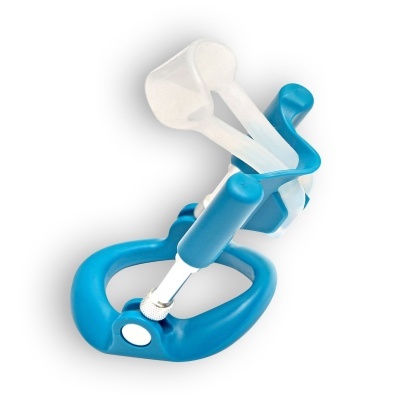 Dispositivo plástico azul e branco com alça e molduras transparentes