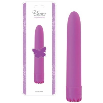 Vibrador rosa liso em embalagem transparente com texto Classics Vibrator