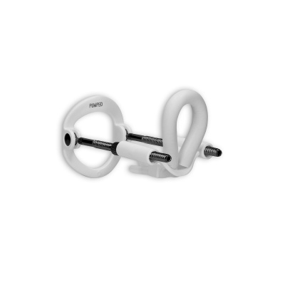 Dispositivo de metal e plástico branco com aro circular e parafusos