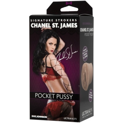 Embalagem preta com imagem de mulher e texto do produto erótico Pocket Pussy Chanel St. James