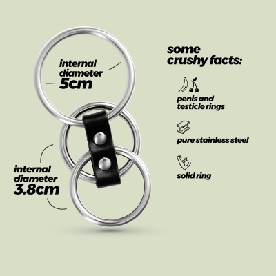 Dois anéis metálicos prateados ligados por tira preta com texto explicativo em cinza claro