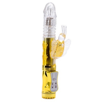 Vibrador translúcido com texturas e aplicações douradas