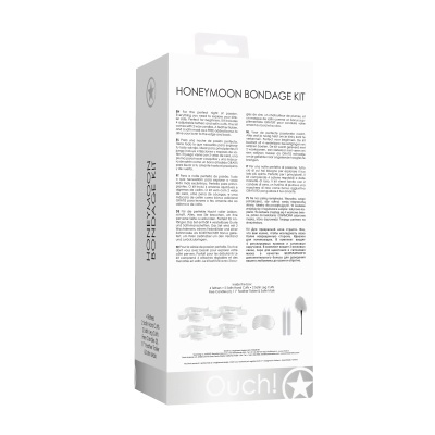 Embalagem branca do kit de bondage Honeymoon com texto e imagens dos acessórios