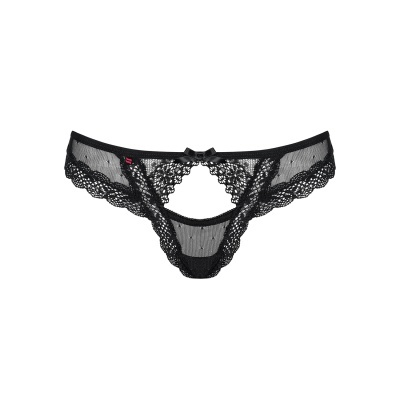 Cueca feminina preta em renda com laço e padrão floral