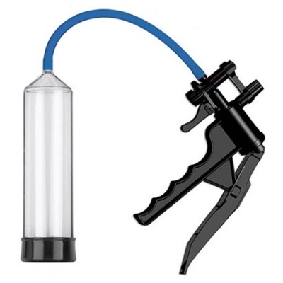 Dispositivo com cilindro transparente, tubo azul e alavanca preta