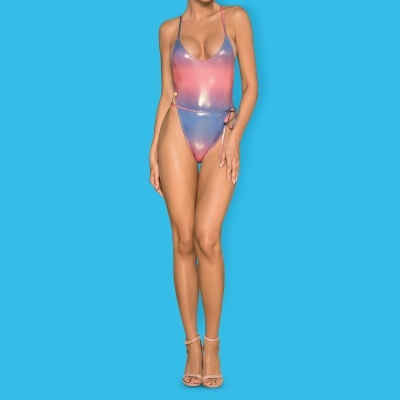 Fato de banho brilhante rosa e lilás com alças finas e atilhos