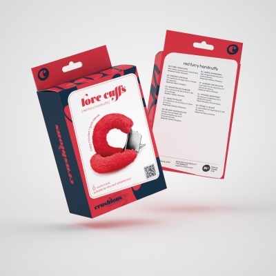 Embalagem de love cuffs com algemas vermelhas forradas em tecido felpudo