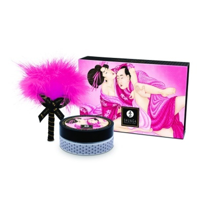 Conjunto Shunga com frasco, caixa ilustrada e instrumento com penas rosas