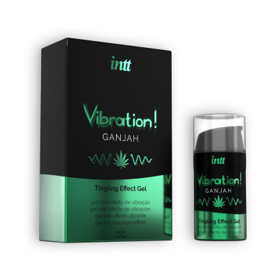 Gel Vibration! GANJAH da intt em frasco preto e verde com embalagem de mesma cor e folha de cannabis desenhada