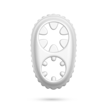Objeto plástico branco com duas áreas circulares e ondulações internas