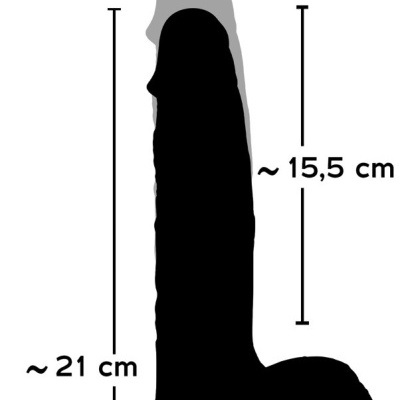 Ilustração preta e branca com dimensões de um objeto em forma fálica