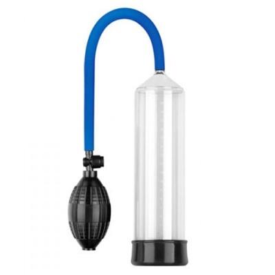 Bomba de sucção transparente com mangueira azul e bomba manual preta