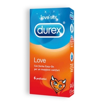Embalagem de preservativos Durex Love azul e laranja com texto em italiano e ilustração de coração com chifres