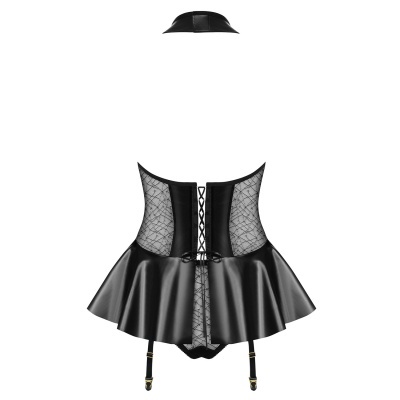 Conjunto de lingerie preto com espartilho, saia e chapéu