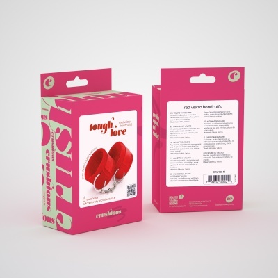 Embalagem rosa e branca para algemas de velcro vermelhas com texto e instruções.