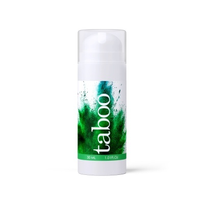 Frasco branco com etiqueta verde e texto Taboo