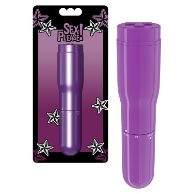 Vibrador roxo com embalagem preta e roxa decorada com estrelas e texto Sex Please