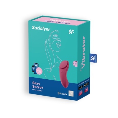 Embalagem azul e rosa de vibrador Satisfyer Sexy Secret com ilustração minimalista de rosto feminino