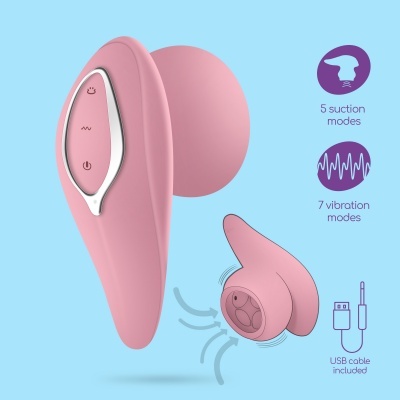 Aparelho rosa com controlo digital e modos de sucção e vibração, com cabo USB, sobre fundo azul claro