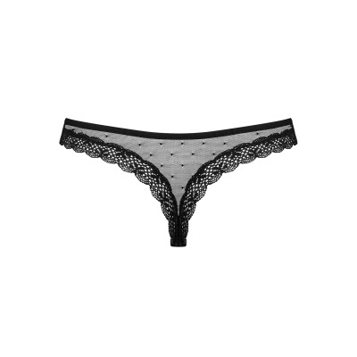 Cueca feminina tanga preta em tule com renda e padrão de pequenos pontos