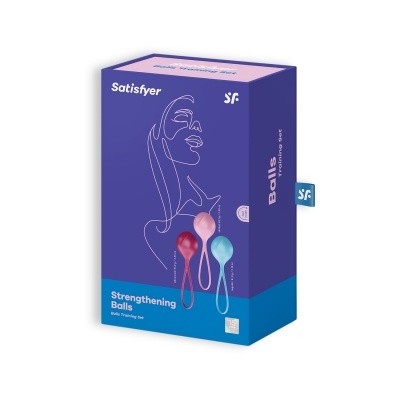 Embalagem do produto Satisfyer Strengthening Balls em azul e roxo com ilustração minimalista