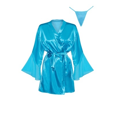 Robe azul turquesa de cetim com cinto e tanga combinando