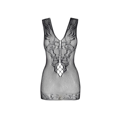 Vestido de malha preta com padrão em rede e detalhes florais