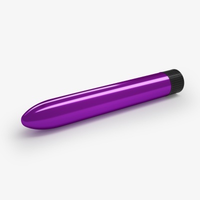 Vibrador cilíndrico roxo metálico com tampa preta sobre fundo branco