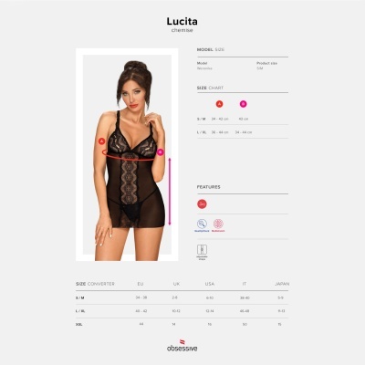 Conjunto de lingerie feminino em renda preta, modelo Lucita chemise, tabela de tamanhos e características do produto