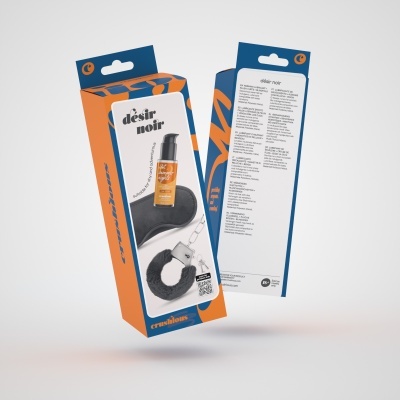 Embalagem azul e laranja com frasco e acessório preto desej noir