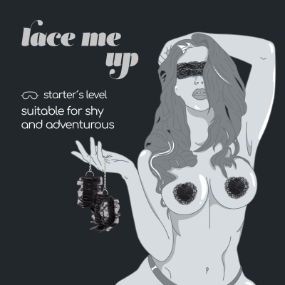 Ilustração mulher nua com vendas e acessórios de renda pretos e texto promocional