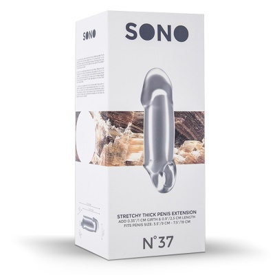 Embalagem branca com imagem de extensão para pénis cinza prateado e texto informativo