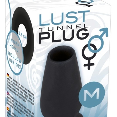 Embalagem de plug de silicone preto com texto LUST TUNNEL PLUG e dimensões 2,5 cm