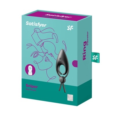 Embalagem azul turquesa com vibrador em forma de anel preto e texto Satisfyer Ring Sniper
